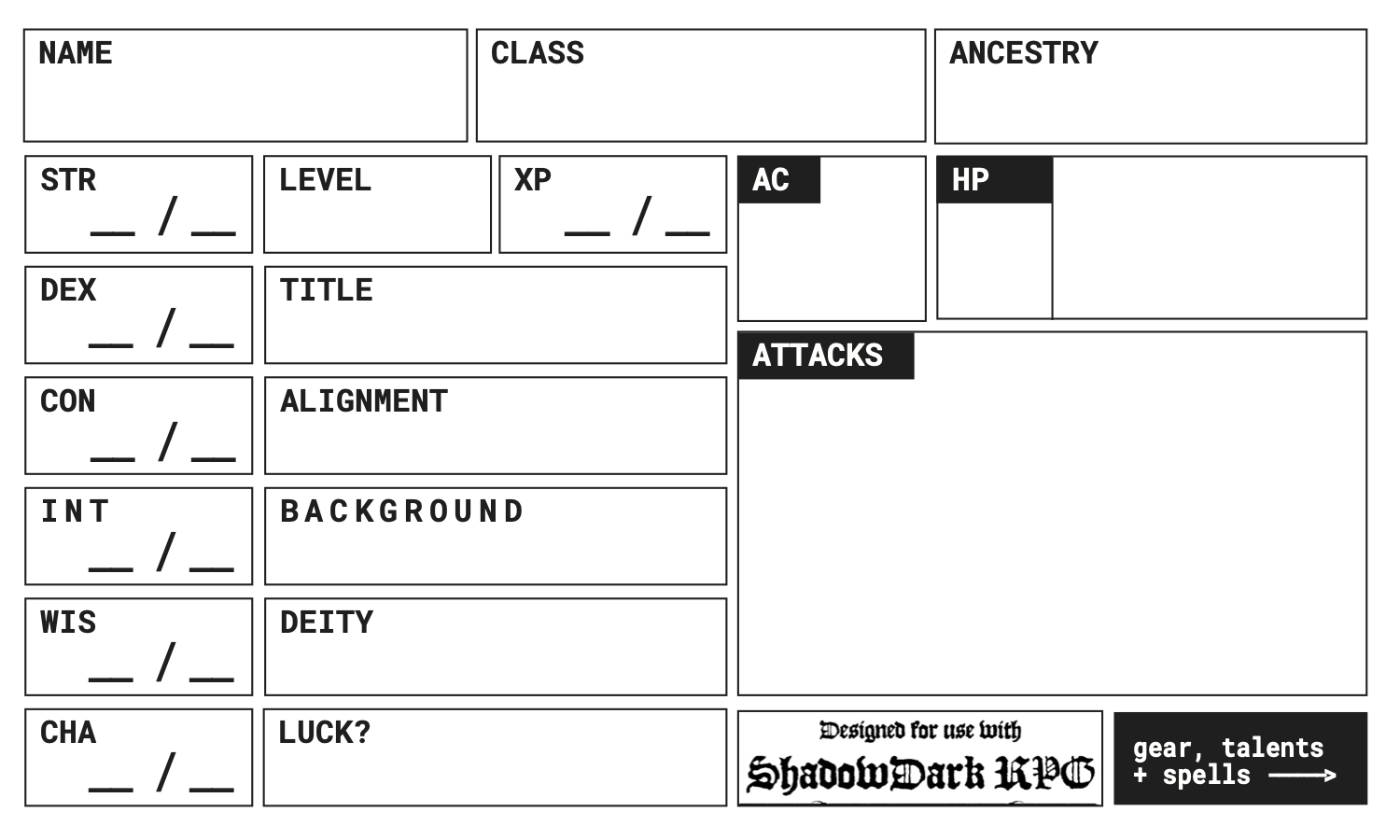3x5 Character Sheet for Shadowdark